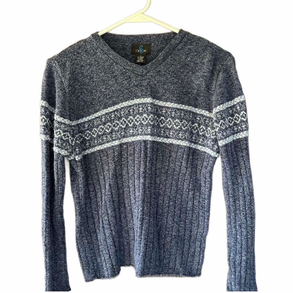 Vintage 90s s6x Fair Isle Knit Sweater Blue  Crew Neck Long Sleeve Size L USA